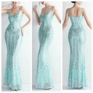 Peppermint Green Graphic Print,  V Neck, Backless, Sleeveless,  Mermaid …